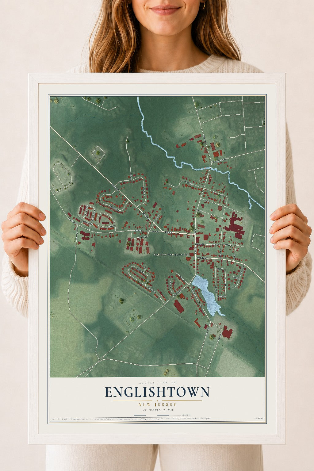 Englishtown, New Jersey map print, 18" x 24" W/ White Ayous Wood Frame mockup