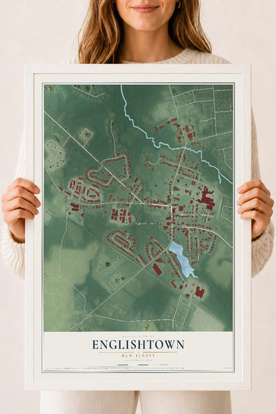 Englishtown, New Jersey map print, 18" x 24" W/ White Ayous Wood Frame mockup