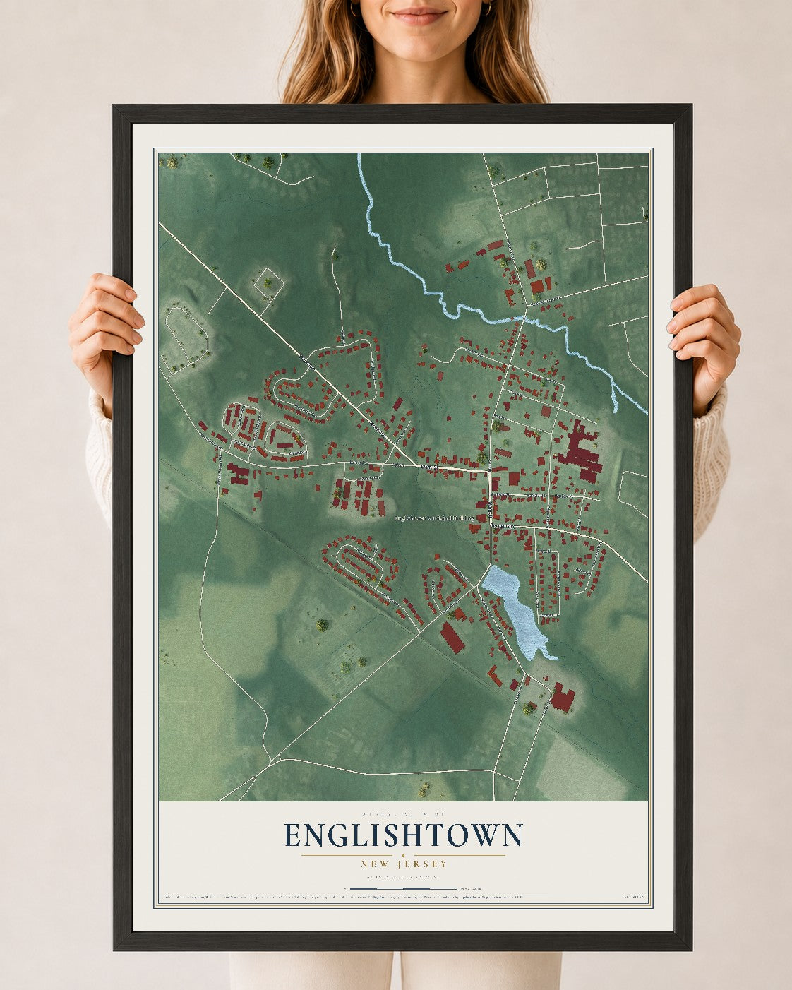 Englishtown, New Jersey map print, 24" x 36" W/ Black Ayous Wood Frame mockup