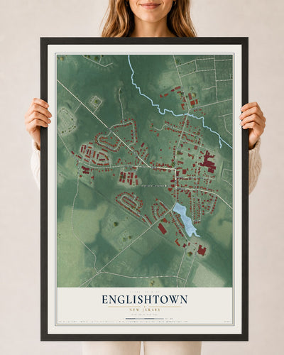 Englishtown, New Jersey map print, 24" x 36" W/ Black Ayous Wood Frame mockup