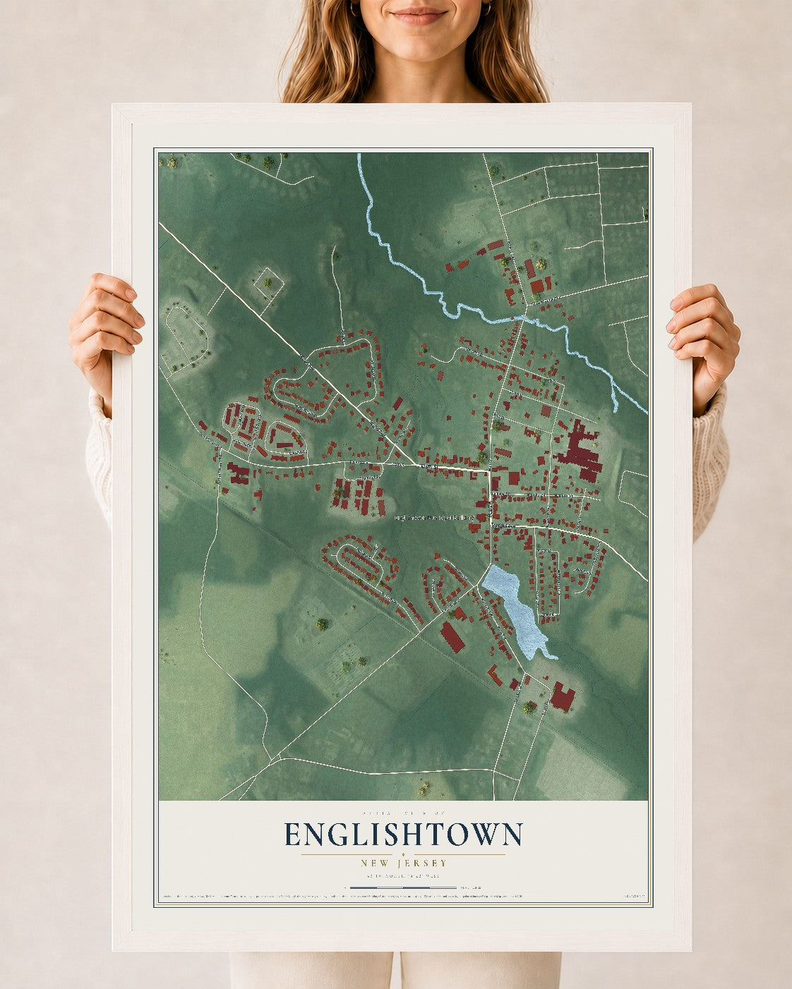 Englishtown, New Jersey map print, 24" x 36" W/ White Ayous Wood Frame mockup