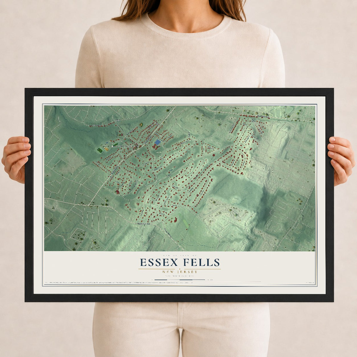 Essex Fells, New Jersey map print, 12" x 18" W/ Black Ayous Wood Frame mockup