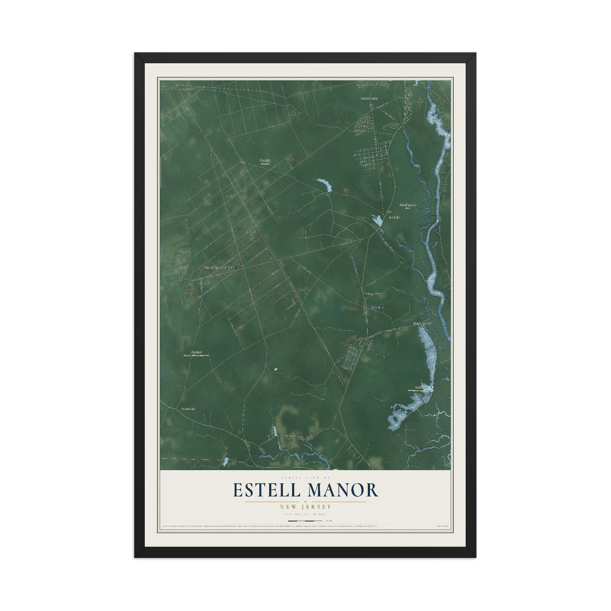 Estell Manor, New Jersey map print, 12" x 18" W/ Black Ayous Wood Frame mockup