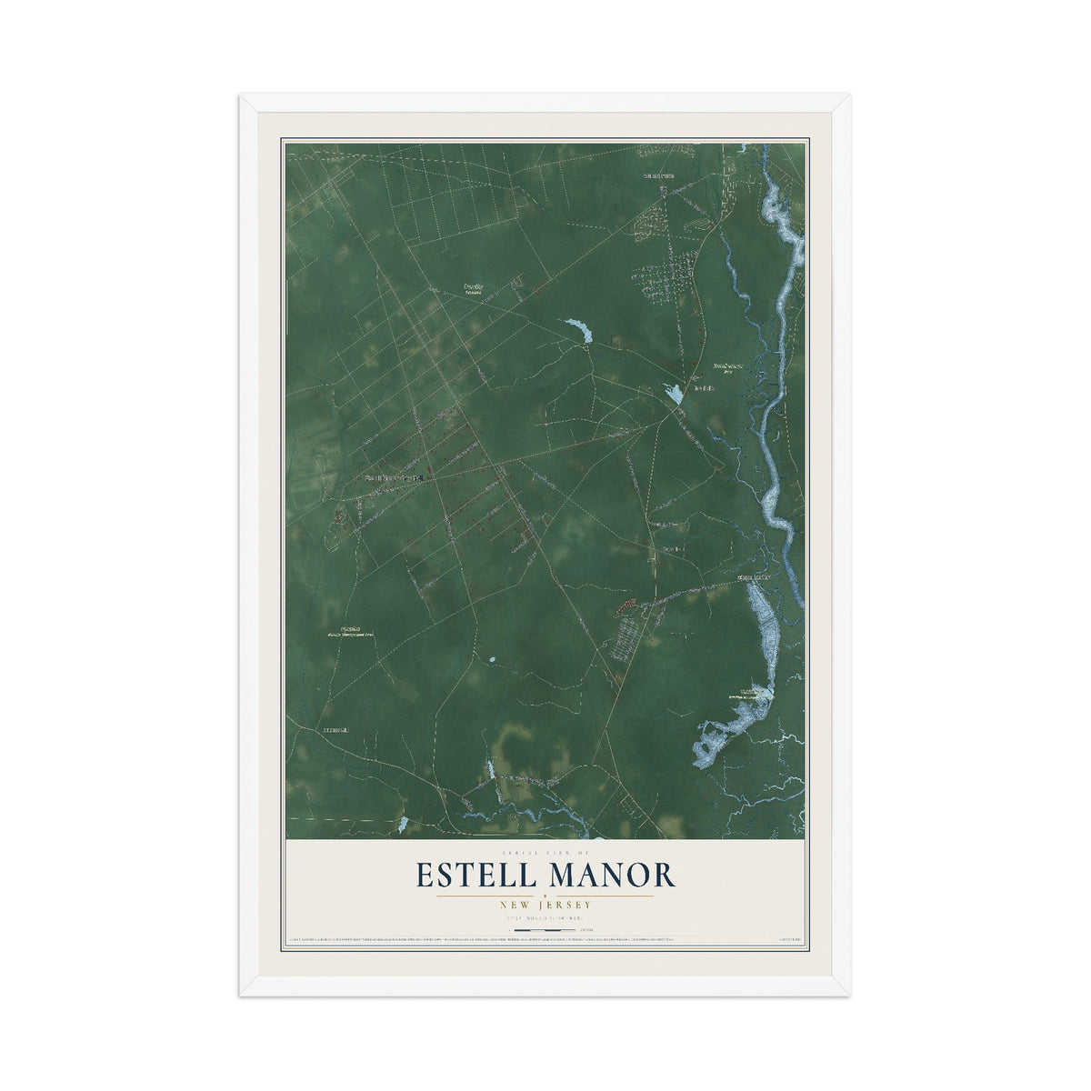 Estell Manor, New Jersey map print, 12" x 18" W/ White Ayous Wood Frame mockup