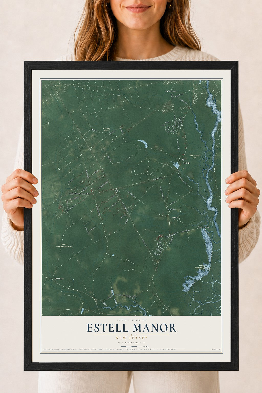 Estell Manor, New Jersey map print, 18" x 24" W/ Black Ayous Wood Frame mockup