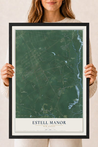 Estell Manor, New Jersey map print, 18" x 24" W/ Black Ayous Wood Frame mockup
