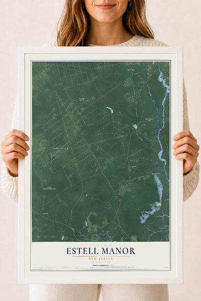 Estell Manor, New Jersey map print, 18" x 24" W/ White Ayous Wood Frame mockup