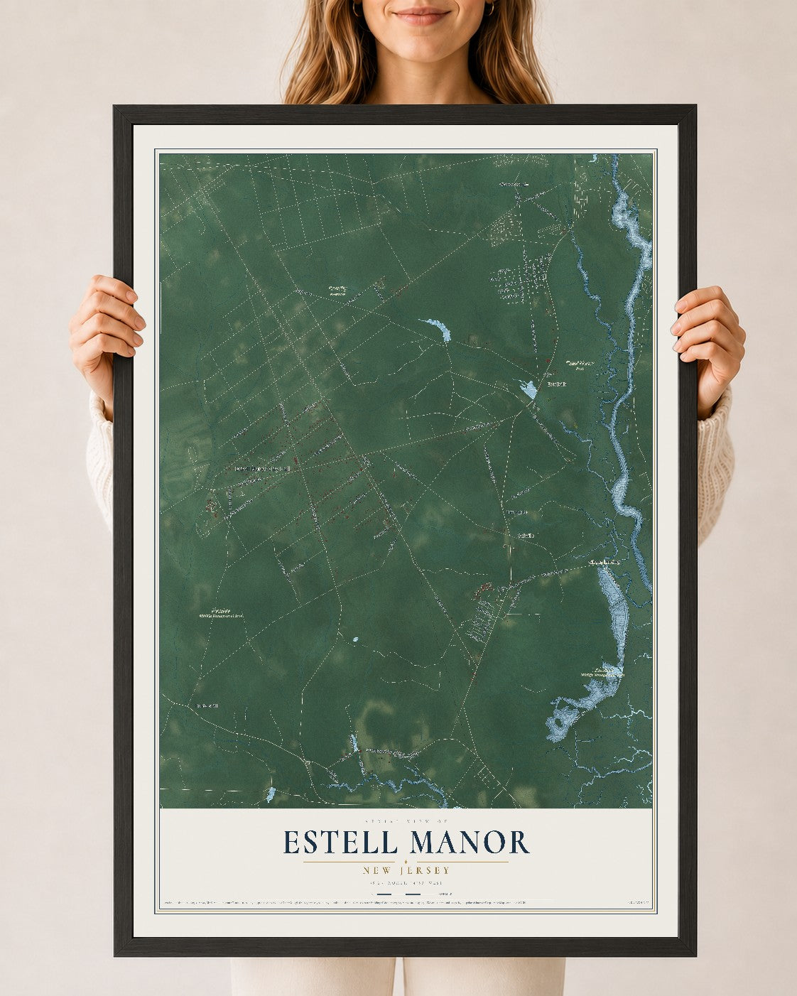 Estell Manor, New Jersey map print, 24" x 36" W/ Black Ayous Wood Frame mockup