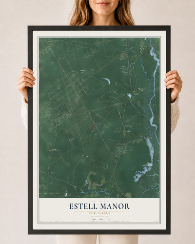 Estell Manor, New Jersey map print, 24" x 36" W/ Black Ayous Wood Frame mockup