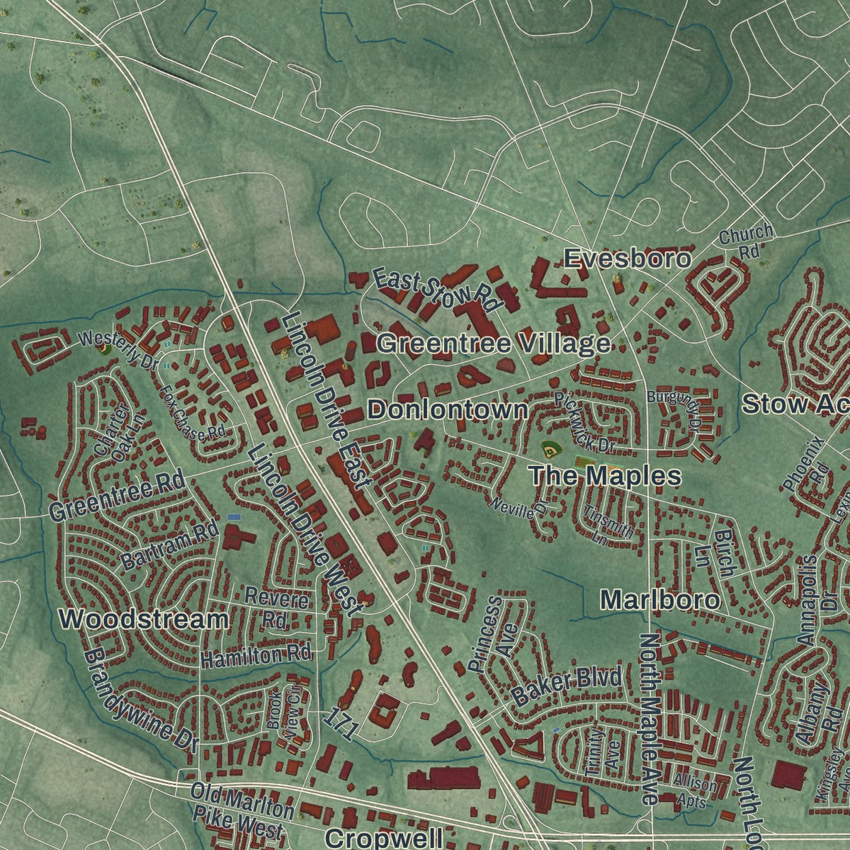 Close-up 1 of the Evesham, New Jersey map artwork