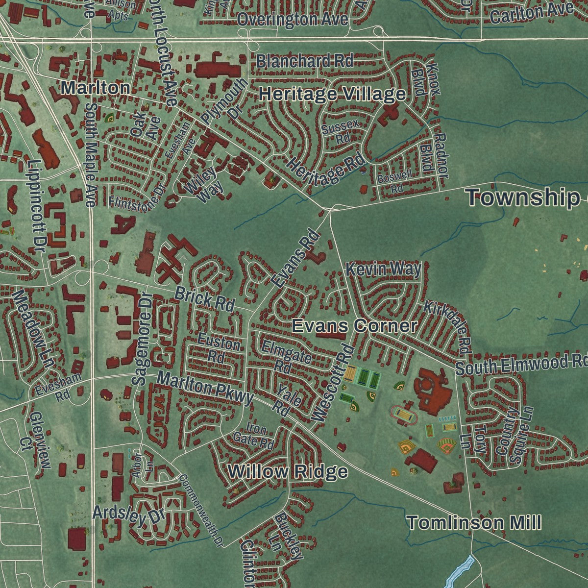 Close-up 2 of the Evesham, New Jersey map artwork