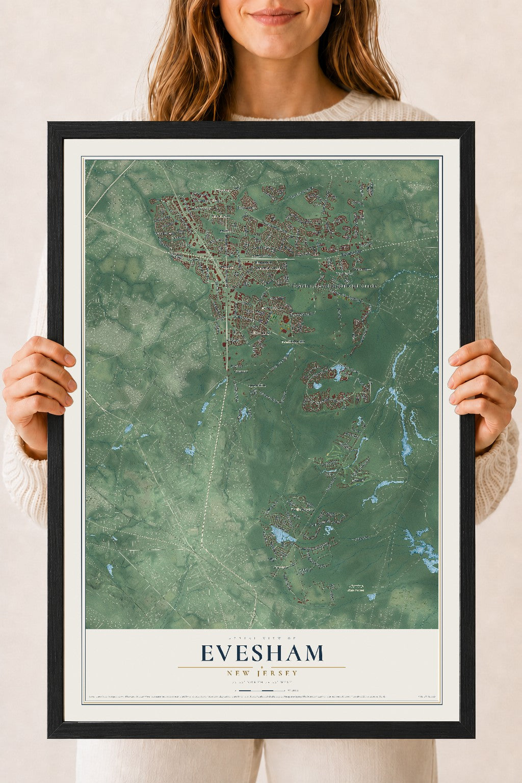 Evesham, New Jersey map print, 18" x 24" W/ Black Ayous Wood Frame mockup