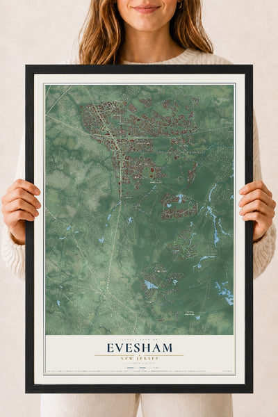 Evesham, New Jersey map print, 18" x 24" W/ Black Ayous Wood Frame mockup