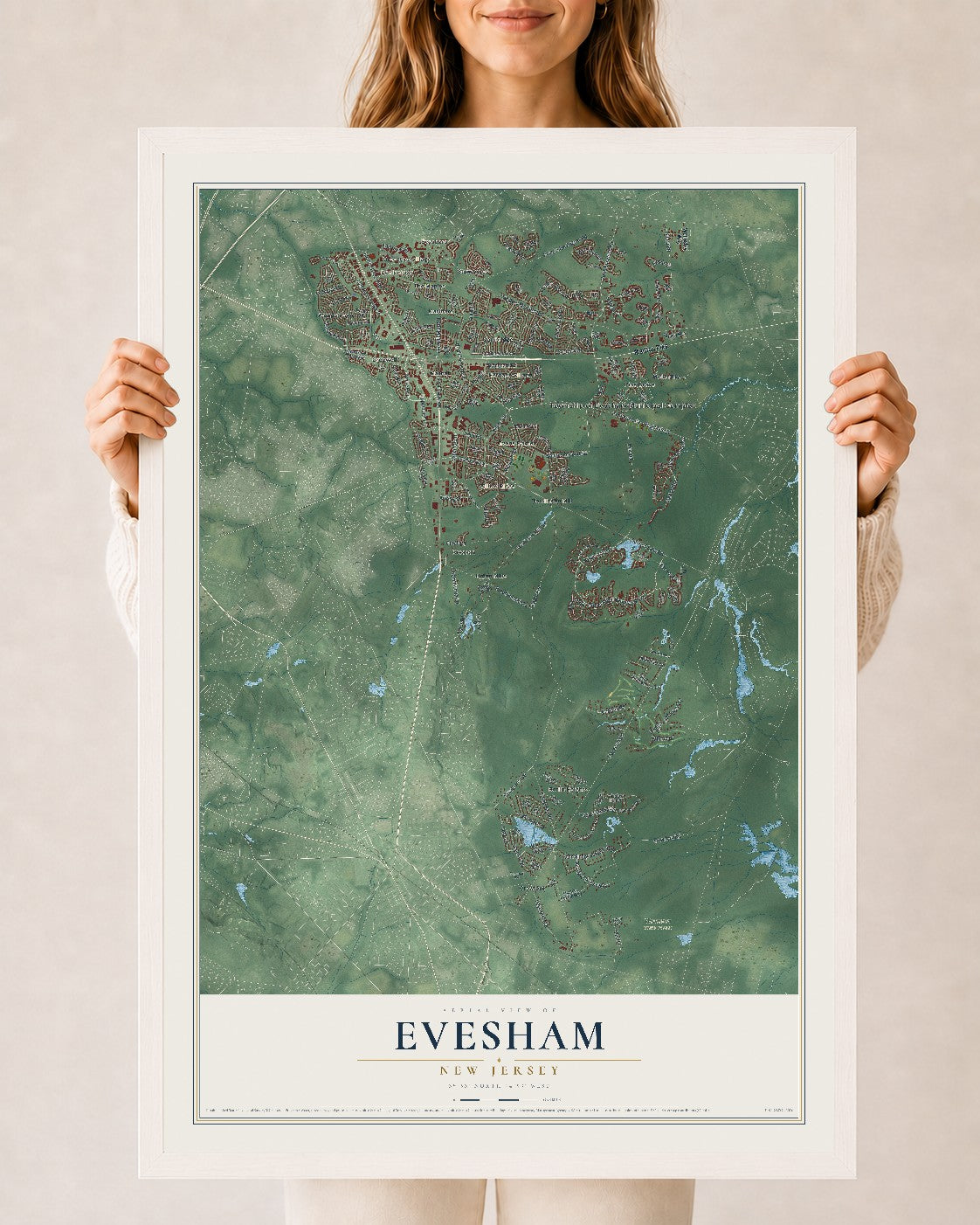 Evesham, New Jersey map print, 24" x 36" W/ White Ayous Wood Frame mockup