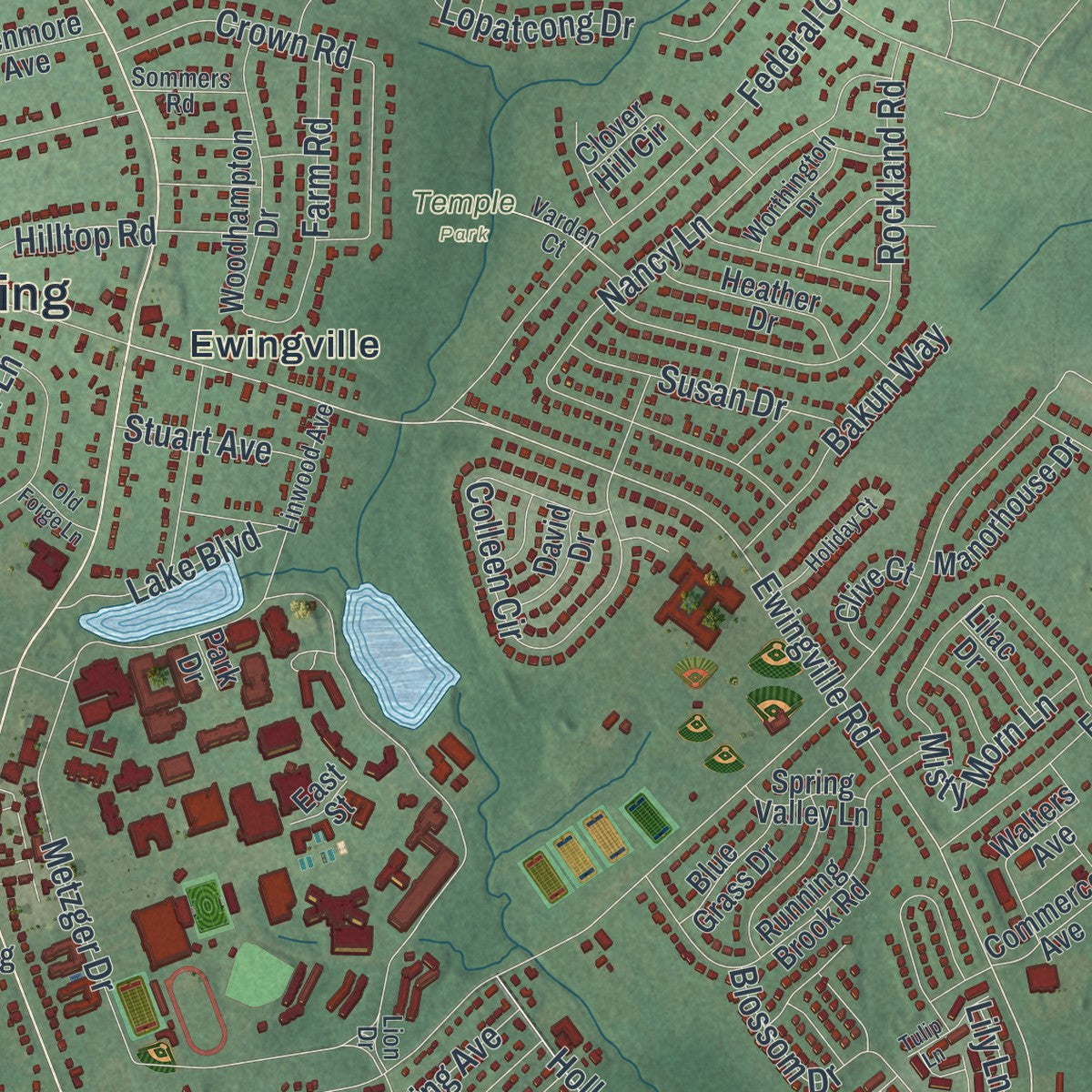 Close-up 2 of the Ewing, New Jersey map artwork
