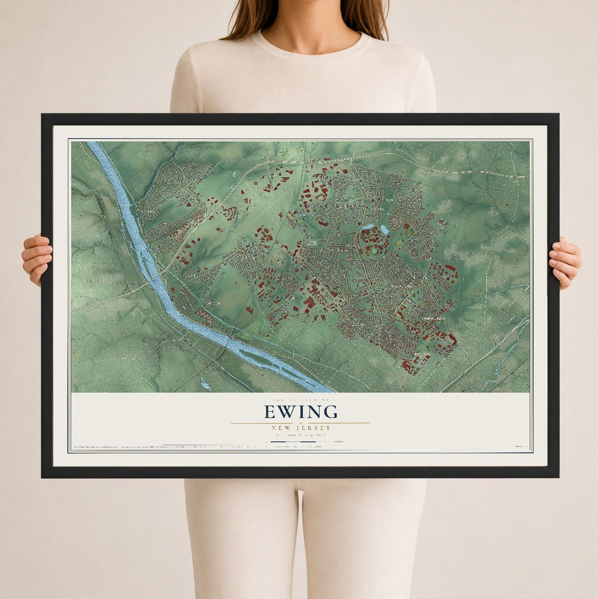 Ewing, New Jersey map print, 24" x 36" W/ Black Ayous Wood Frame mockup