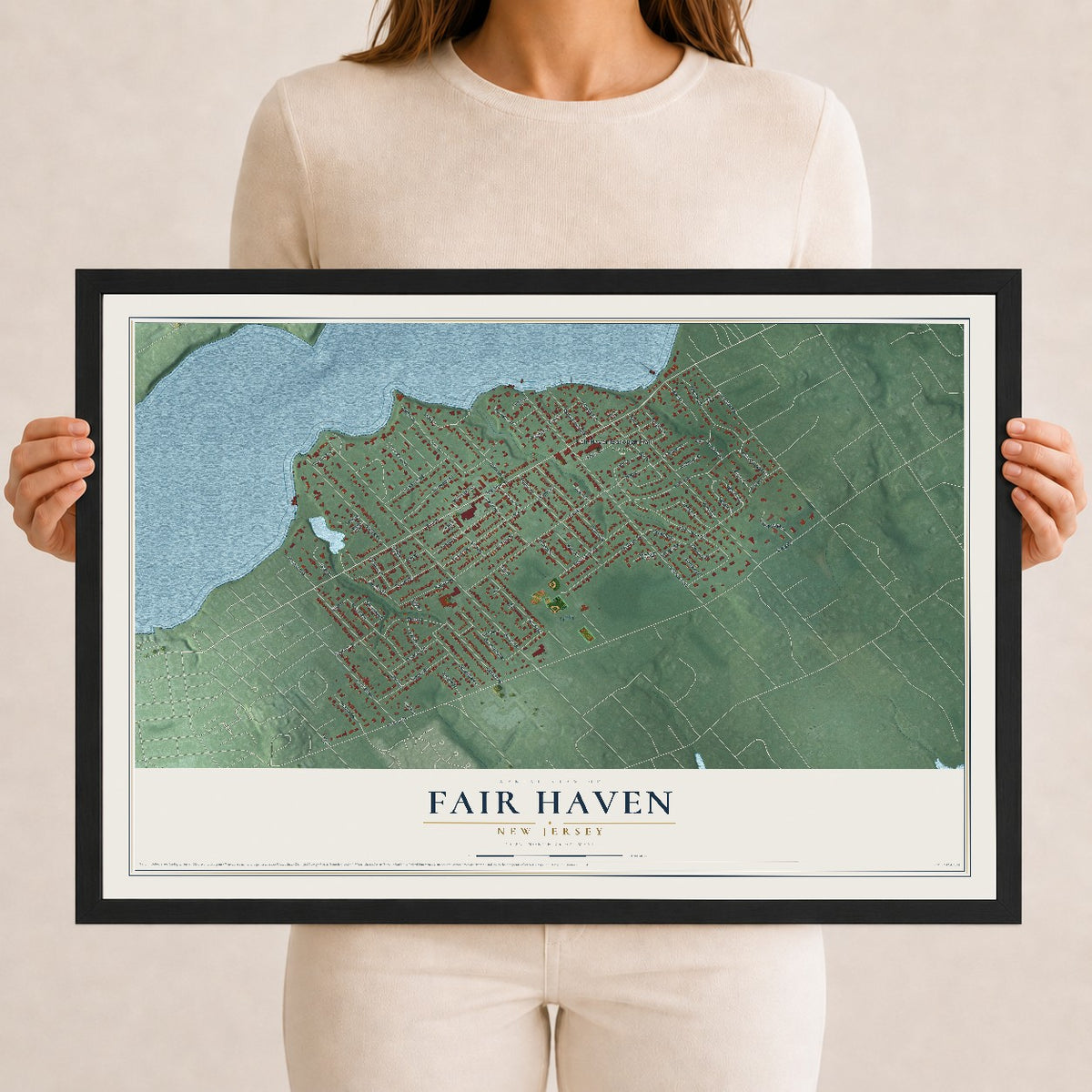 Fair Haven, New Jersey map print, 12" x 18" W/ Black Ayous Wood Frame mockup