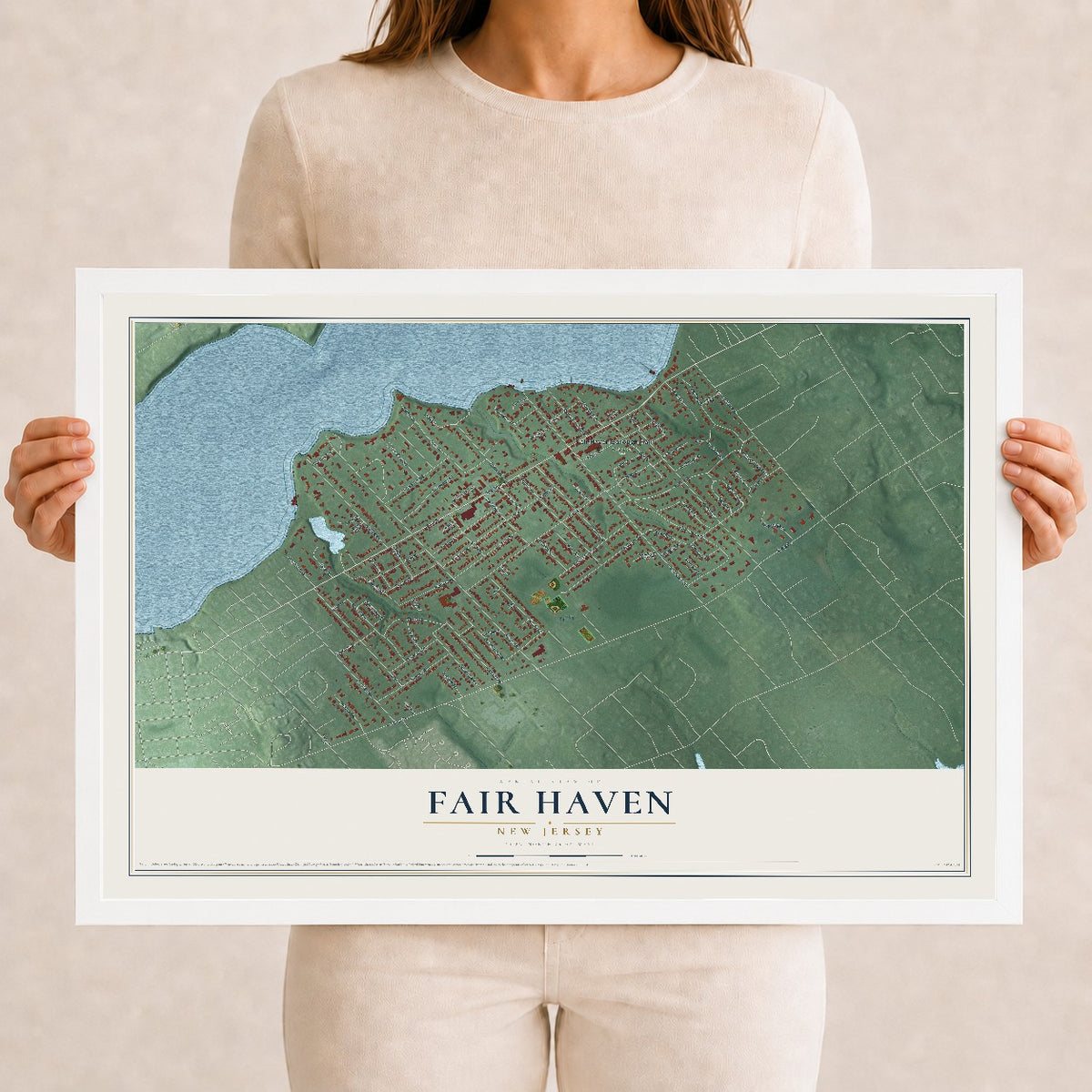 Fair Haven, New Jersey map print, 12" x 18" W/ White Ayous Wood Frame mockup
