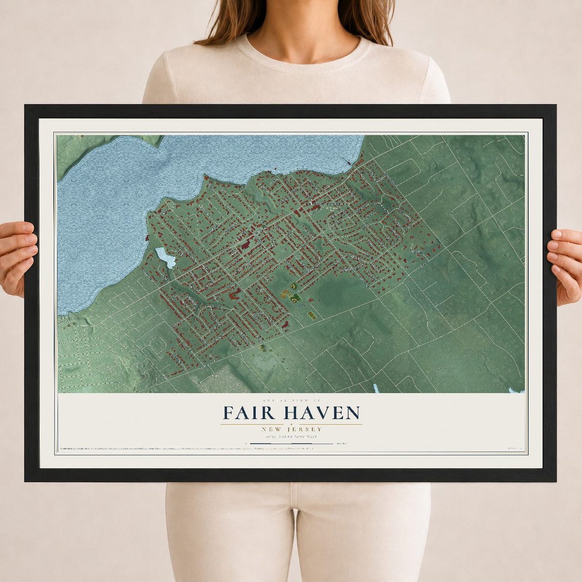 Fair Haven, New Jersey map print, 18" x 24" W/ Black Ayous Wood Frame mockup