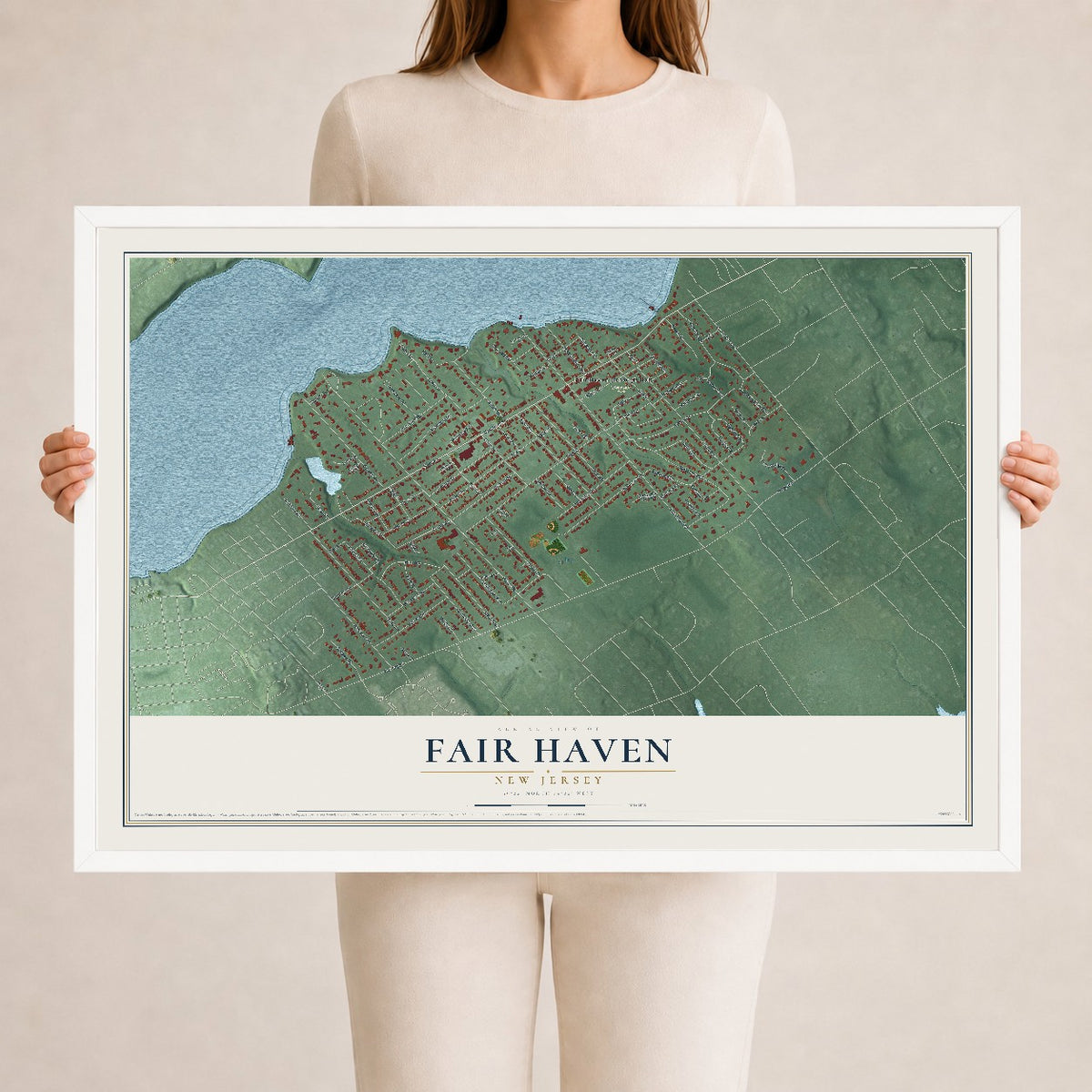 Fair Haven, New Jersey map print, 24" x 36" W/ White Ayous Wood Frame mockup
