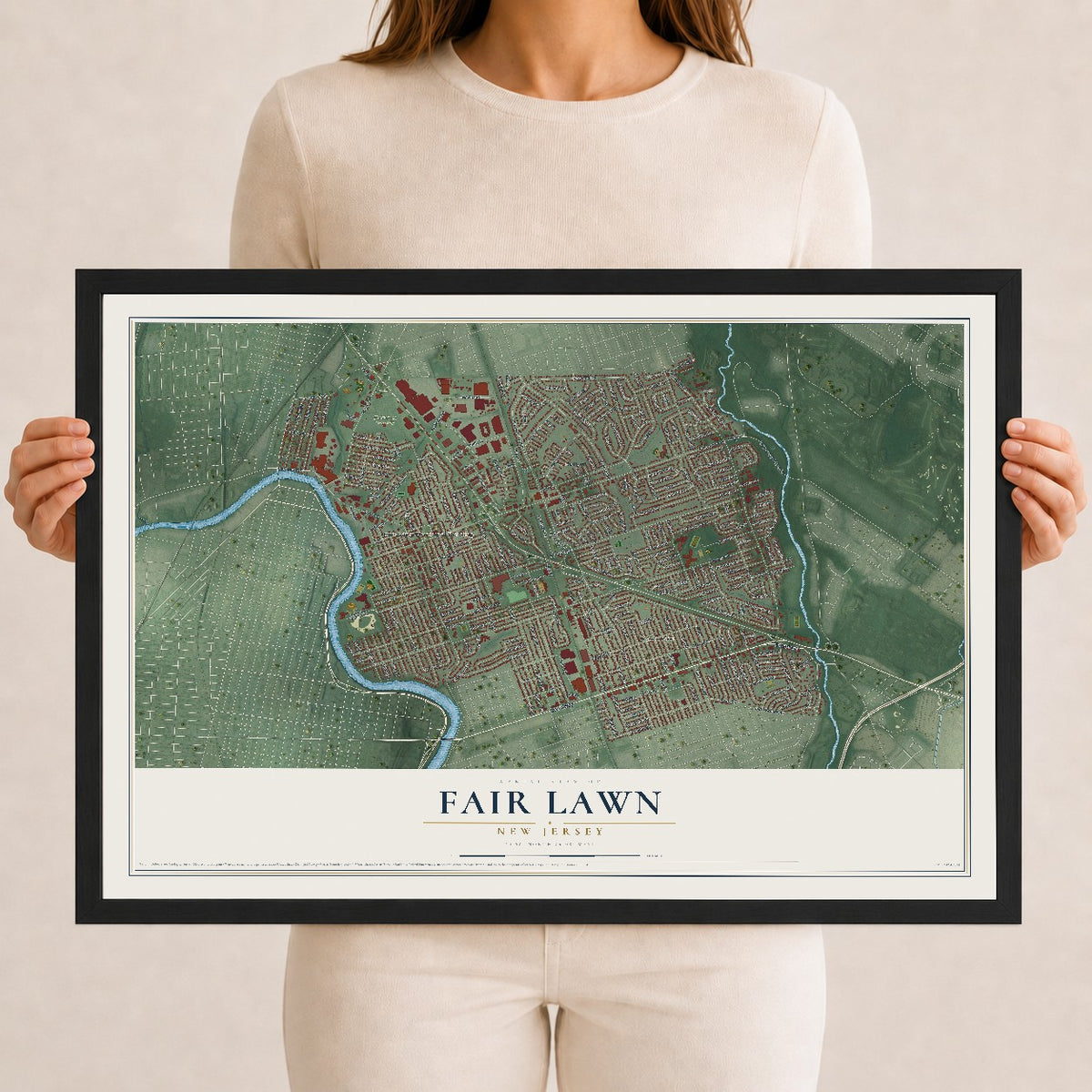 Fair Lawn, New Jersey map print, 12" x 18" W/ Black Ayous Wood Frame mockup