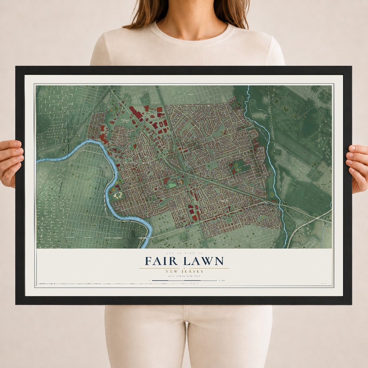 Fair Lawn, New Jersey map print, 18" x 24" W/ Black Ayous Wood Frame mockup