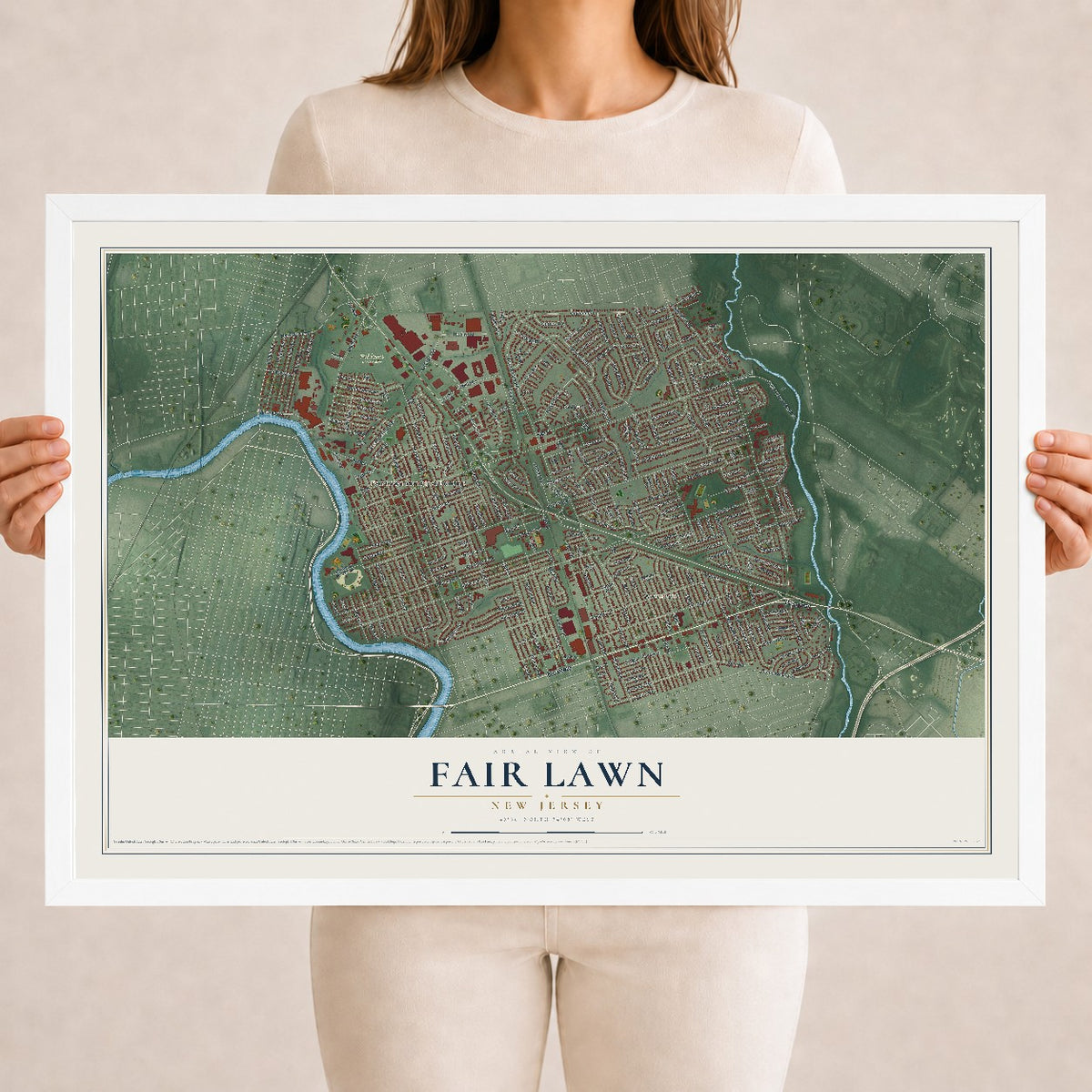 Fair Lawn, New Jersey map print, 18" x 24" W/ White Ayous Wood Frame mockup
