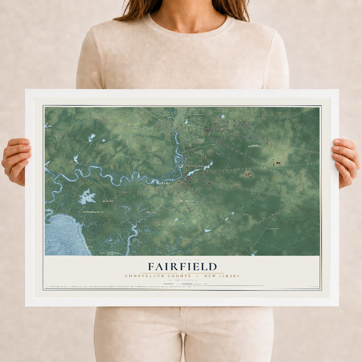 Fairfield, New Jersey map print, 12" x 18" W/ White Ayous Wood Frame mockup