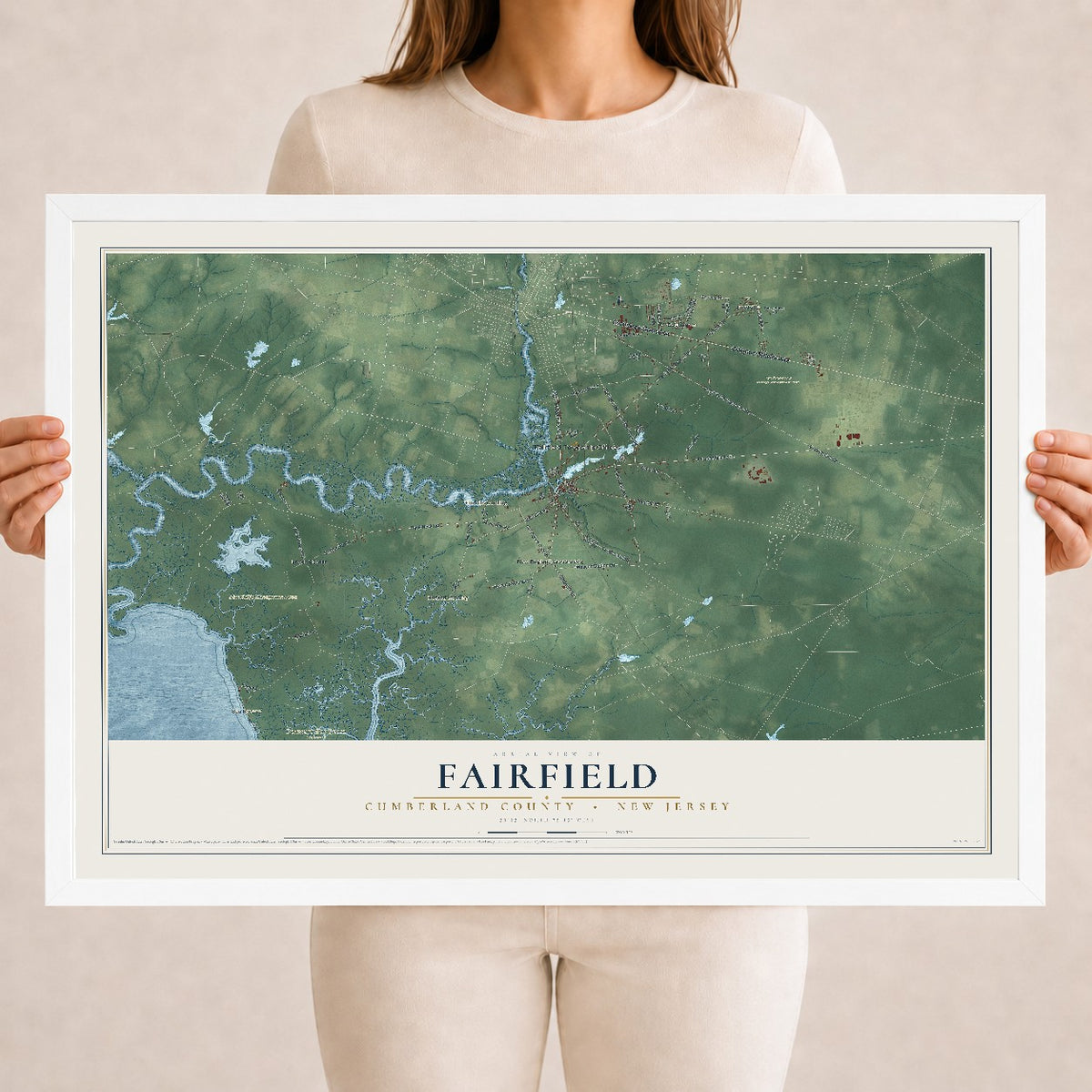 Fairfield, New Jersey map print, 18" x 24" W/ White Ayous Wood Frame mockup