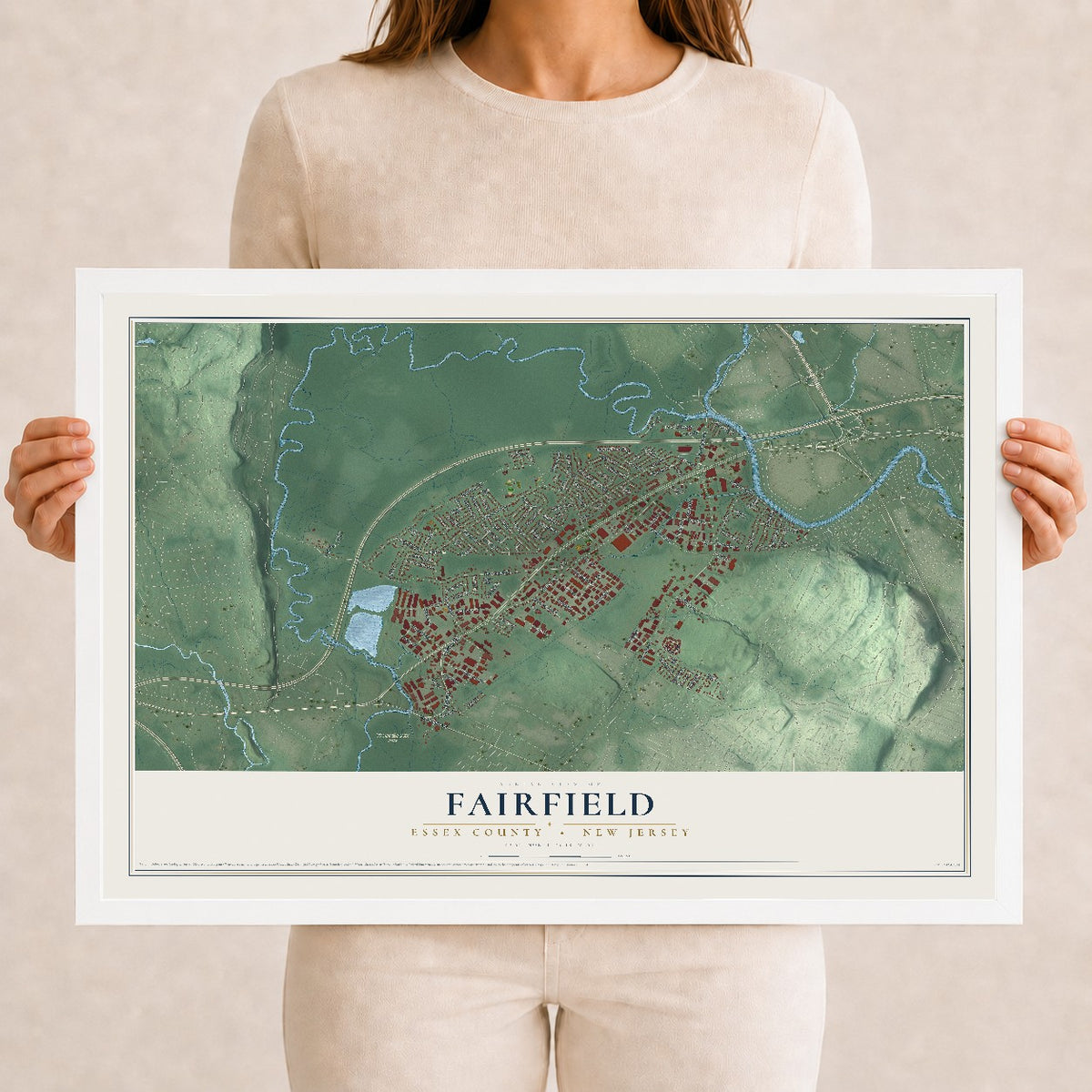 Fairfield, New Jersey map print, 12" x 18" W/ White Ayous Wood Frame mockup