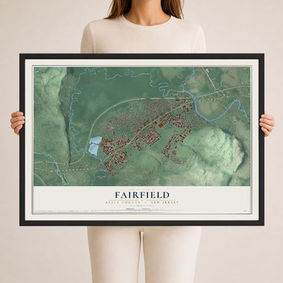 Fairfield, New Jersey map print, 24" x 36" W/ Black Ayous Wood Frame mockup