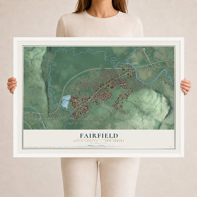 Fairfield, New Jersey map print, 24" x 36" W/ White Ayous Wood Frame mockup