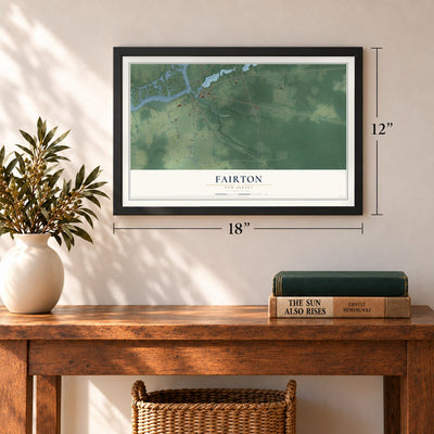 Fairton, New Jersey map, 12 x 18 inch print in a black frame in an entryway
