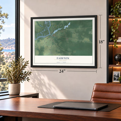 Fairton, New Jersey map, 18 x 24 inch print in a black frame in a home office