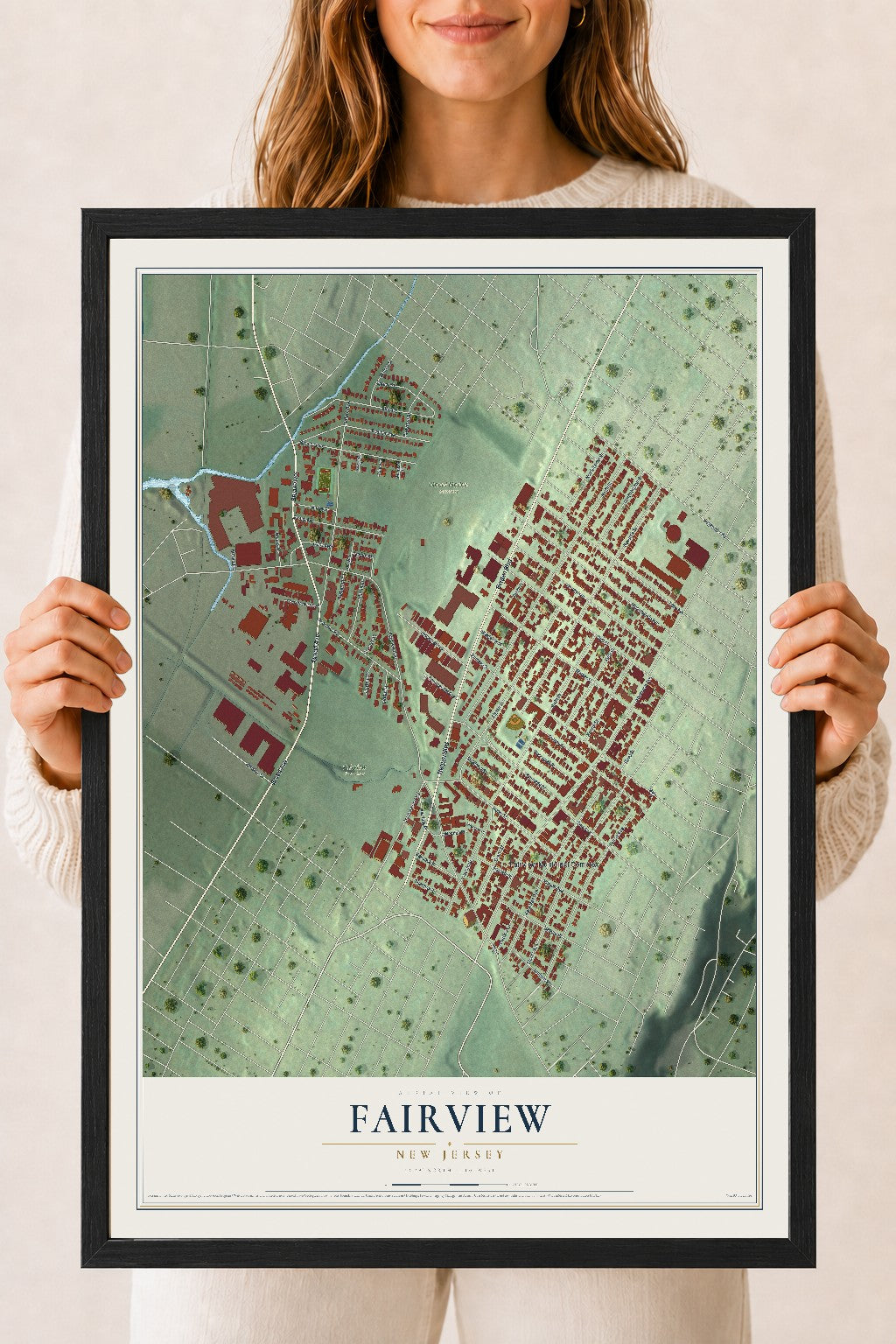 Fairview, New Jersey map print, 18" x 24" W/ Black Ayous Wood Frame mockup