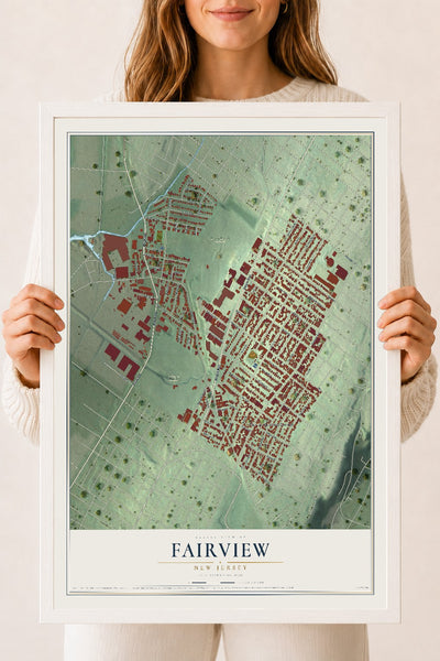 Fairview, New Jersey map print, 18" x 24" W/ White Ayous Wood Frame mockup