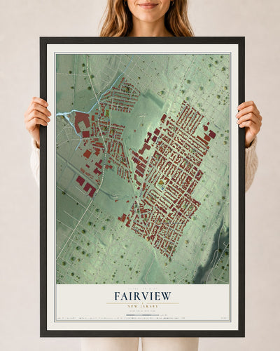 Fairview, New Jersey map print, 24" x 36" W/ Black Ayous Wood Frame mockup