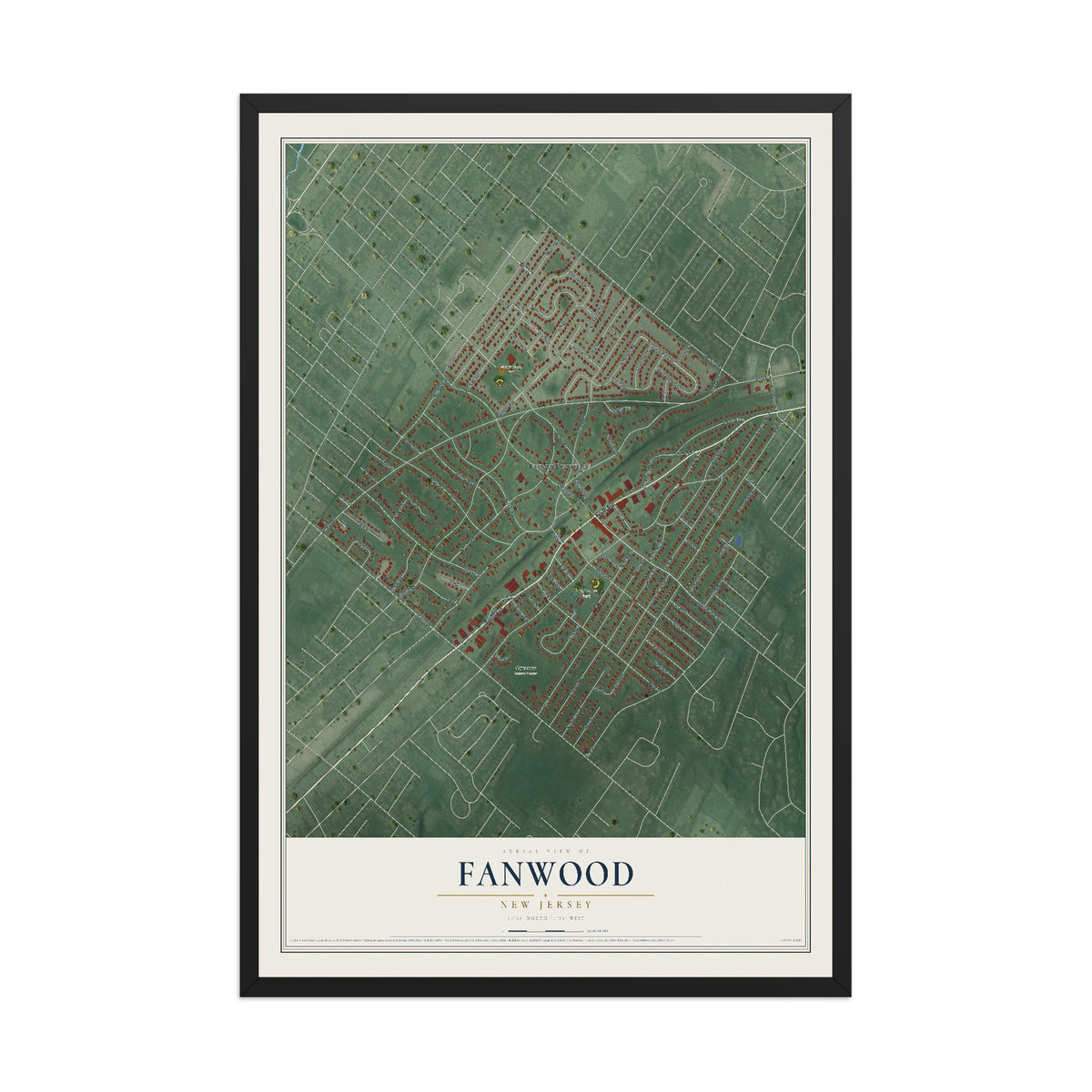 Fanwood, New Jersey map print, 12" x 18" W/ Black Ayous Wood Frame mockup