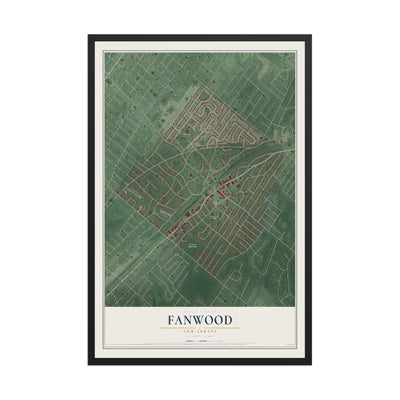 Fanwood, New Jersey map print, 12" x 18" W/ Black Ayous Wood Frame mockup