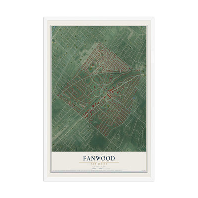 Fanwood, New Jersey map print, 12" x 18" W/ White Ayous Wood Frame mockup