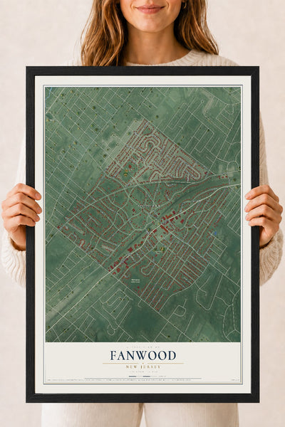 Fanwood, New Jersey map print, 18" x 24" W/ Black Ayous Wood Frame mockup
