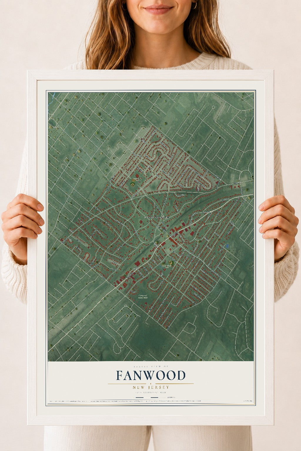 Fanwood, New Jersey map print, 18" x 24" W/ White Ayous Wood Frame mockup