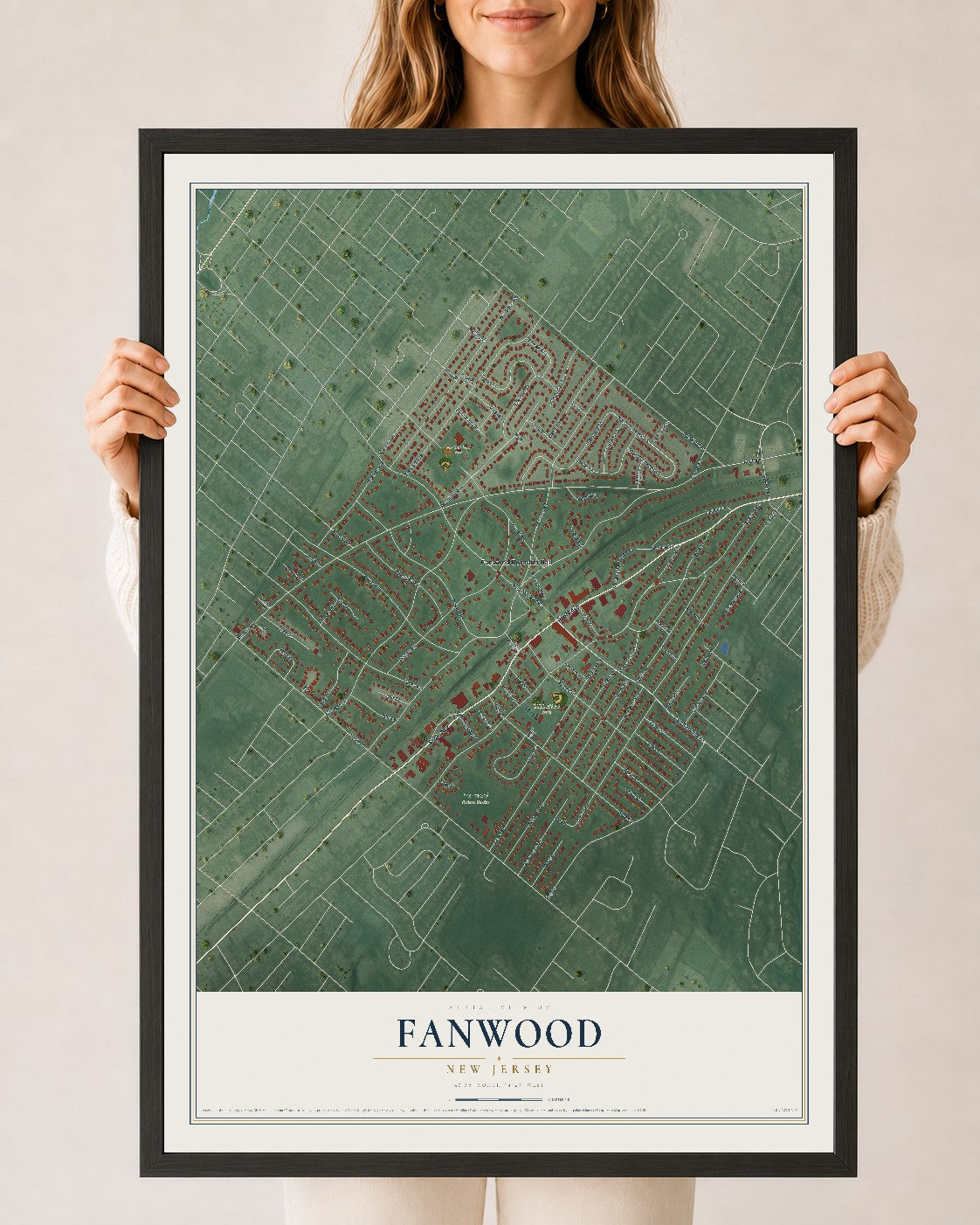Fanwood, New Jersey map print, 24" x 36" W/ Black Ayous Wood Frame mockup