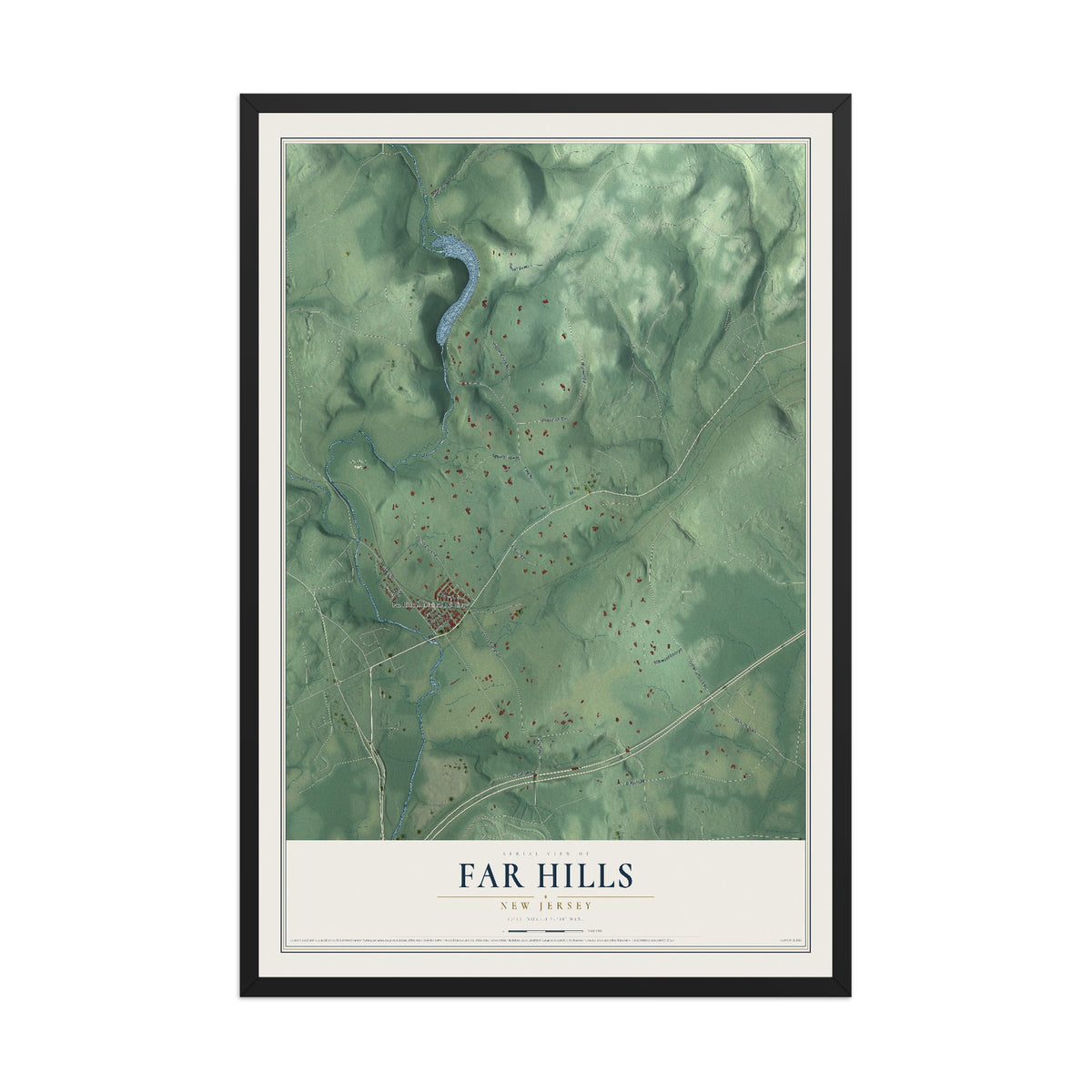 Far Hills, New Jersey map print, 12" x 18" W/ Black Ayous Wood Frame mockup
