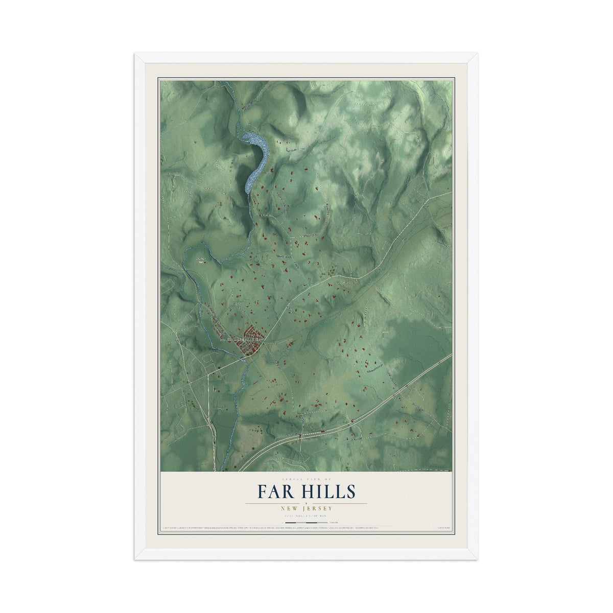 Far Hills, New Jersey map print, 12" x 18" W/ White Ayous Wood Frame mockup
