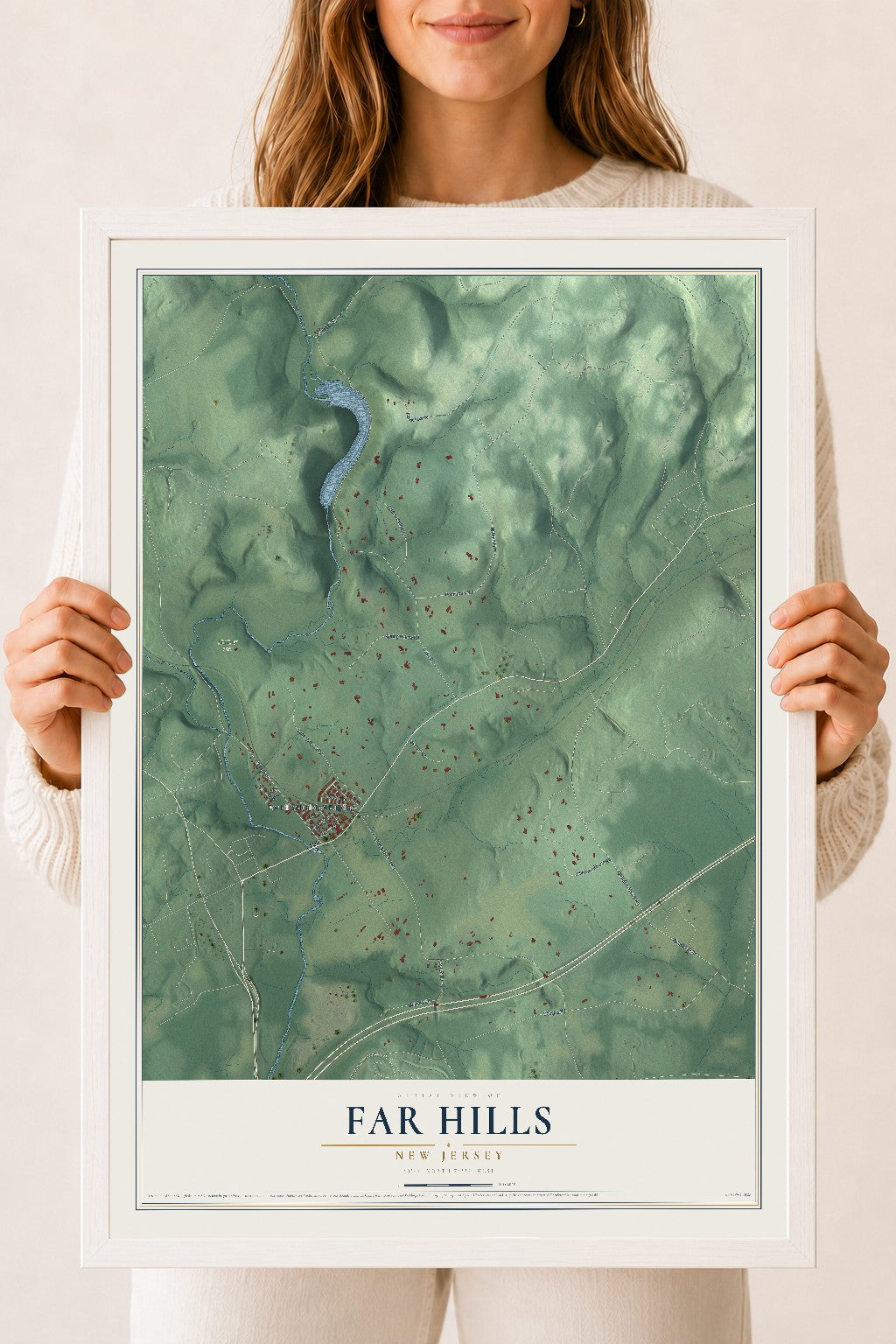 Far Hills, New Jersey map print, 18" x 24" W/ White Ayous Wood Frame mockup