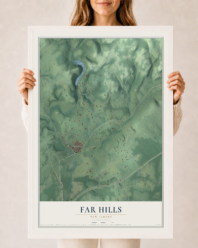 Far Hills, New Jersey map print, 24" x 36" W/ White Ayous Wood Frame mockup