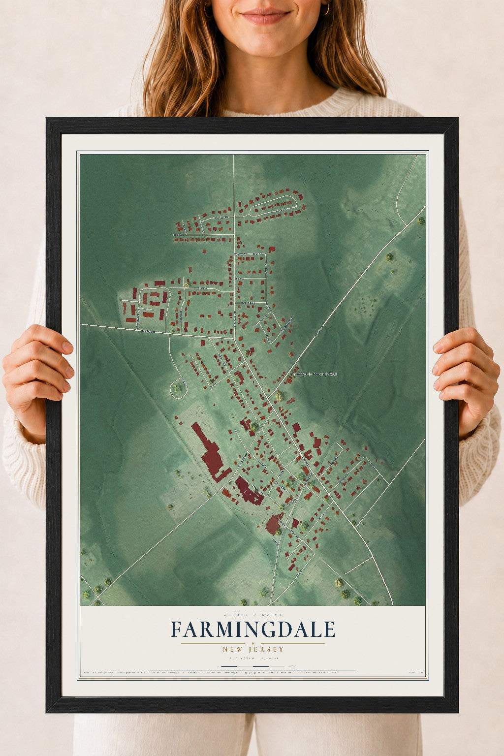 Farmingdale, New Jersey map print, 18" x 24" W/ Black Ayous Wood Frame mockup