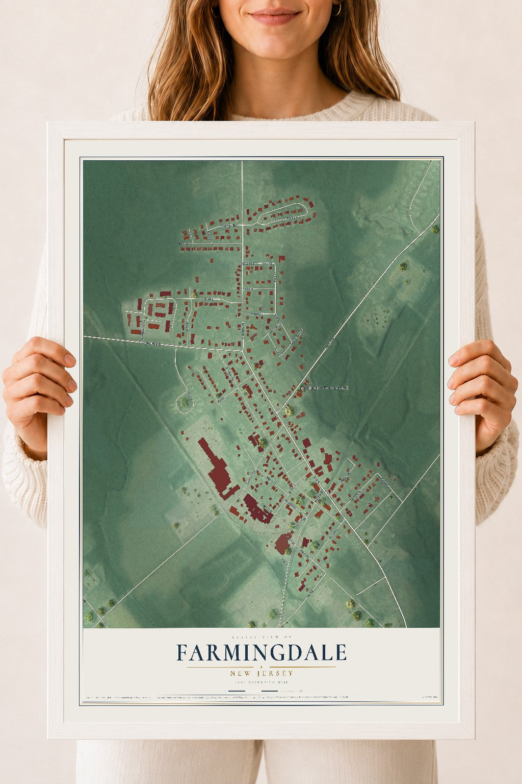 Farmingdale, New Jersey map print, 18" x 24" W/ White Ayous Wood Frame mockup