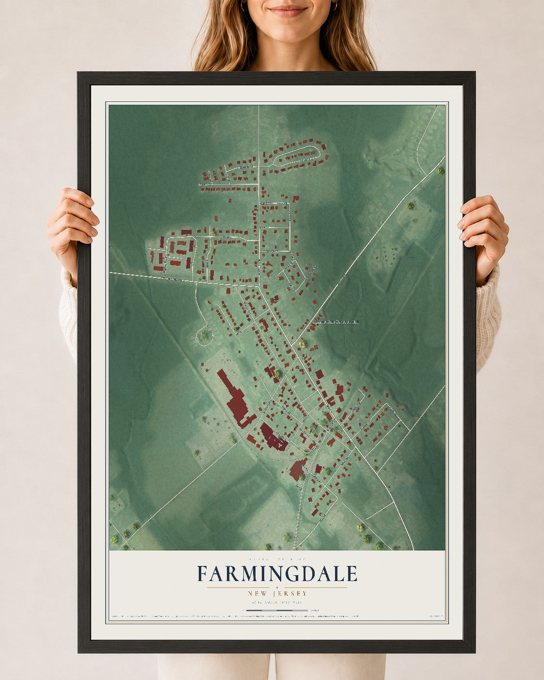 Farmingdale, New Jersey map print, 24" x 36" W/ Black Ayous Wood Frame mockup
